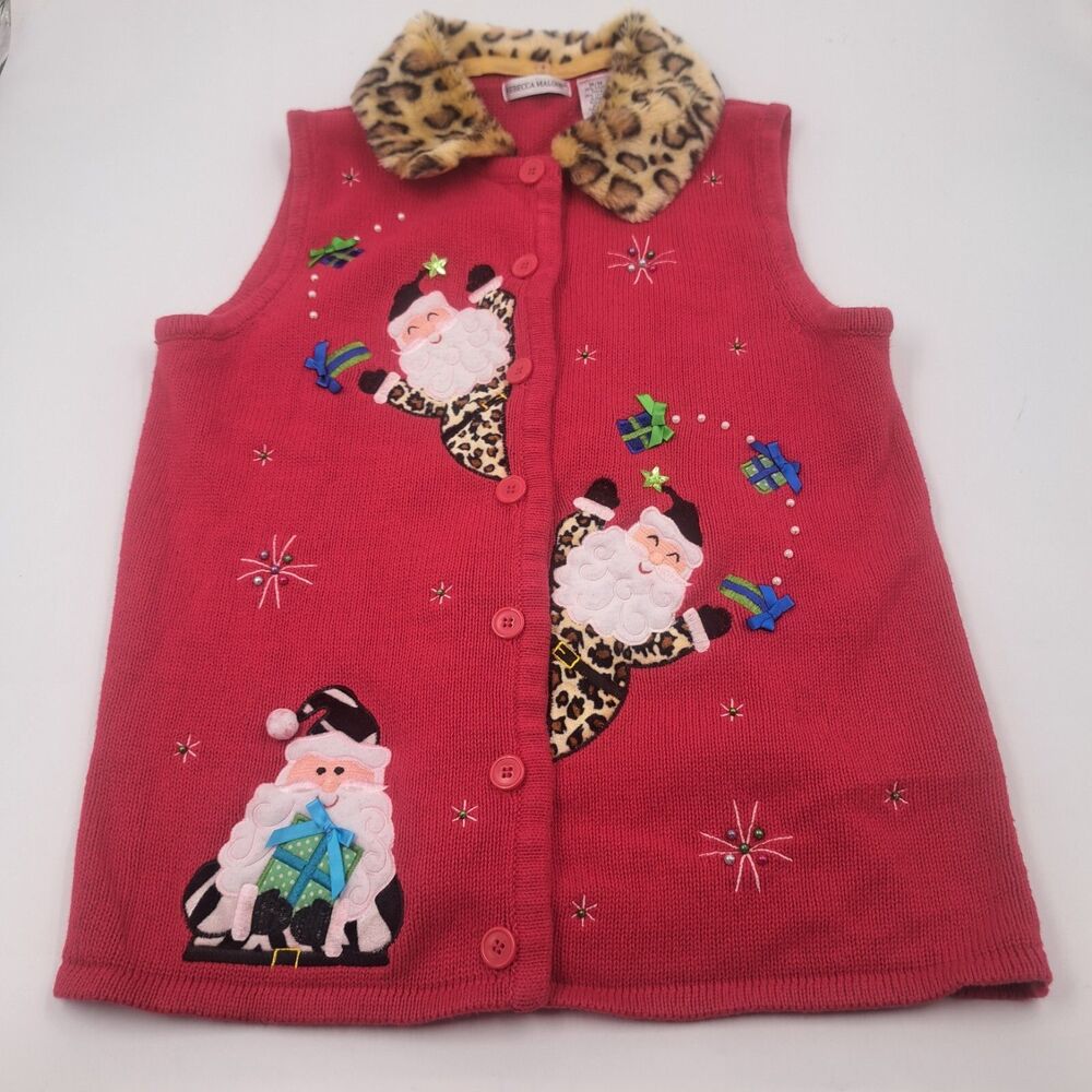 Vintage Christmas Sweater Vest Leopard Detachable Collar Embroidered Santa